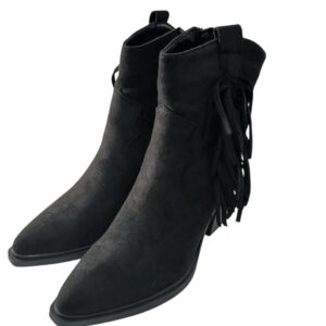 Botki damskie ocieplane zamszowe frędzle czarne