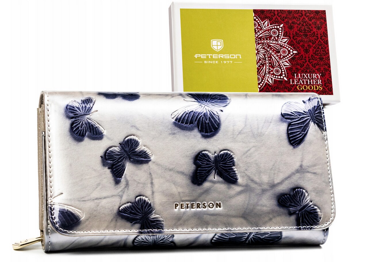 PORTFEL DAMSKI PETERSON SKÓRZANY SREBRNY NIEBIESKI PTN 421077