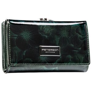 Lakierowany zielony portfel damski w kwiaty PETERSON PTN PS108