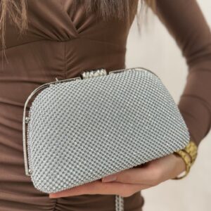 DAMSKA TOREBKA WIZYTOWA SREBRNA W KRYSZTAŁKI PUZDERKO Z8122