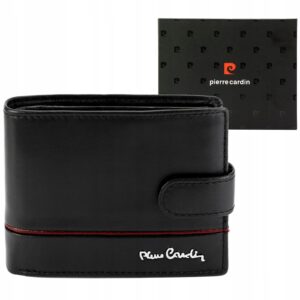 Pierre Cardin PORTFEL MĘSKI SKÓRZANY CZARNY Z PASKIEM CZERWONYM YS605 324A