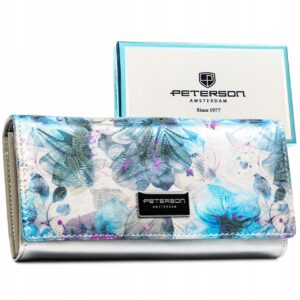 Duży portfel Damski PETERSON skóra naturalna wzór kwiaty RFID  PTN PX24-1-NPK BLUE